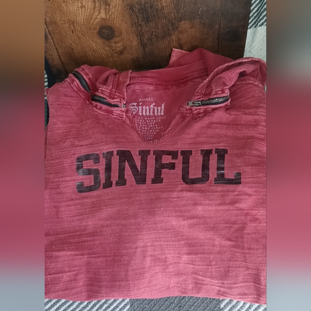 Sinful Womens Burgundy Red Graphic Hoodie with Zipper Accents